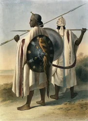 Guerreiros Abyssinian, ilustração de "o vale do Nilo", gravado pelo bar de Eugene Le Roux (1807-63). por Lemercier, 1848
